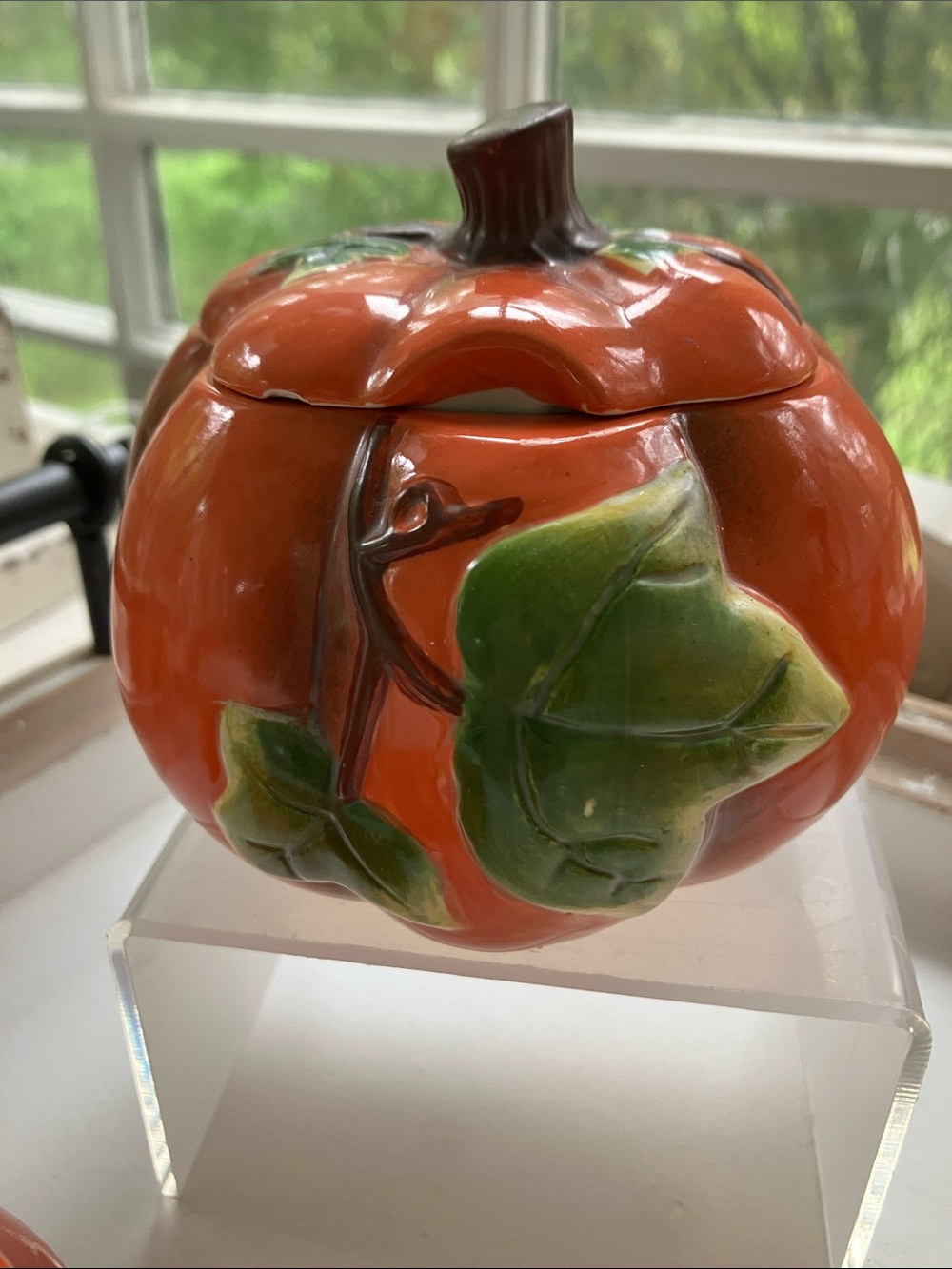 Autumn Pumpkin Ceramic Tea Set – Orange with Green Leaf Accents - Picture 4 of 11